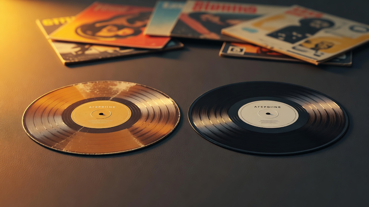 Deux exemplaires du même album vinyle posés côte à côte sur une surface sombre, l'un avec un label d'époque et l'autre avec un label moderne, éclairés par une lumière ambrée